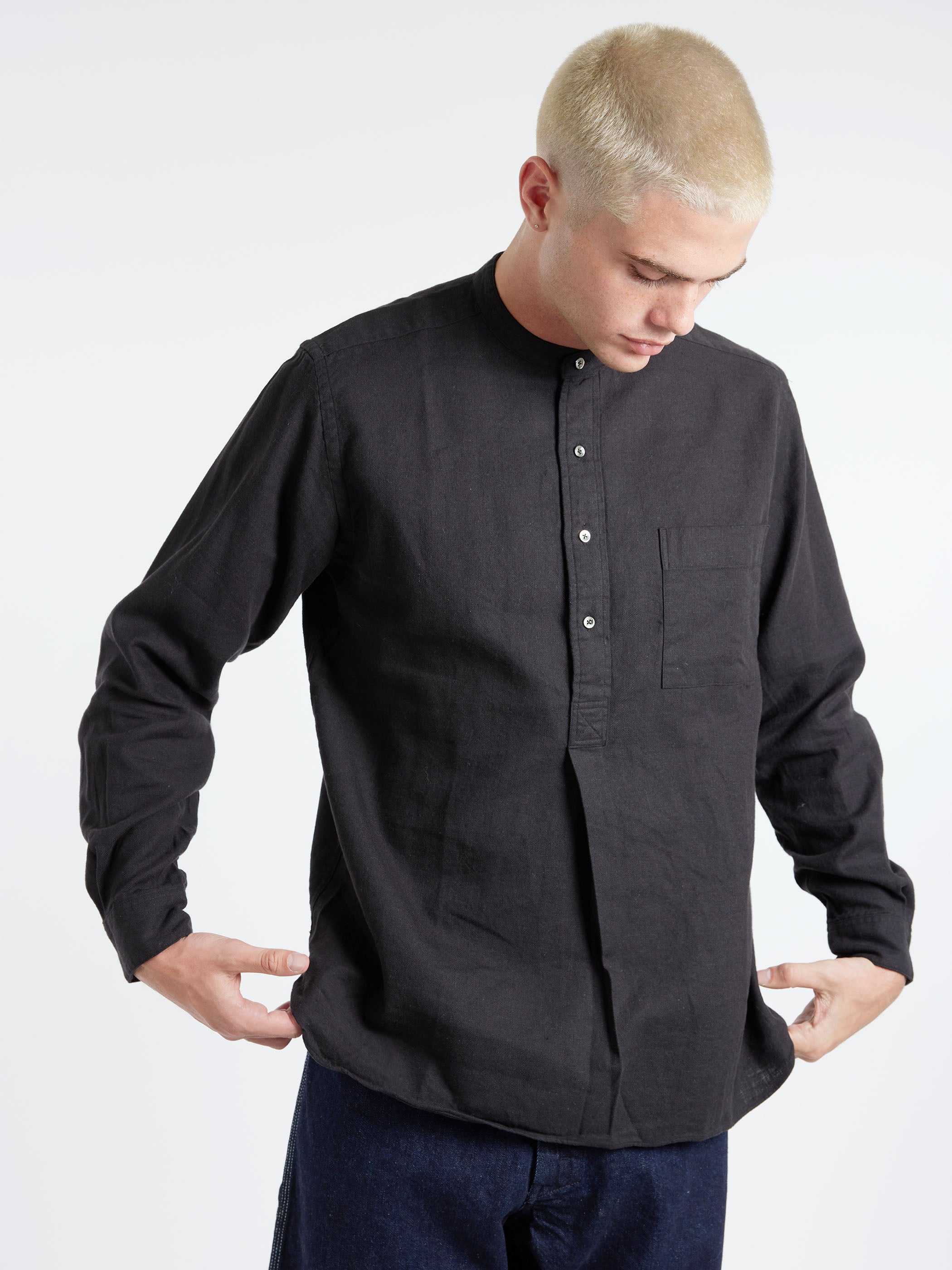 Linen Cotton Herringbone Band Collar Pullover Shirt
