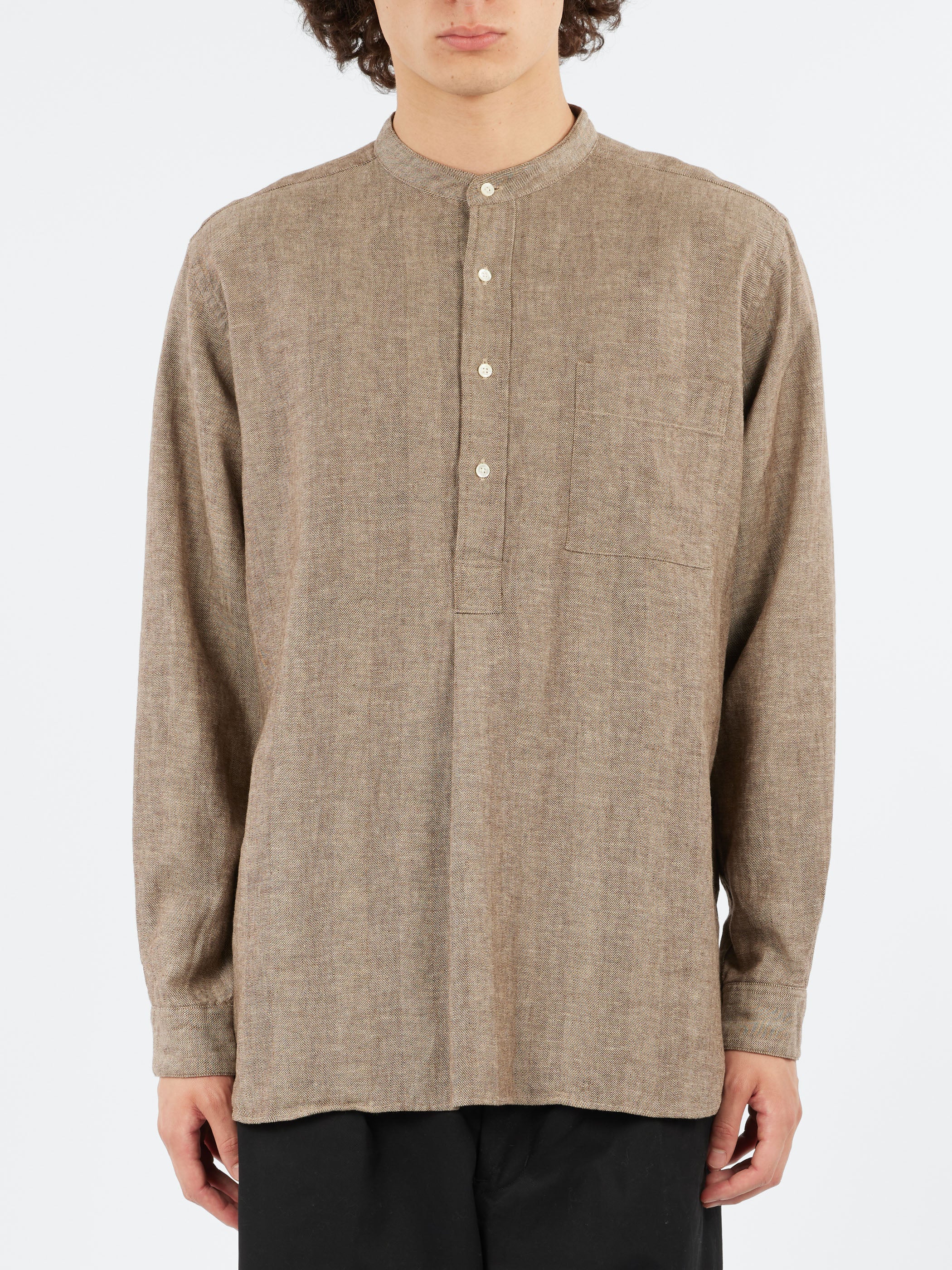 Linen Cotton Herringbone Band Collar Pullover Shirt