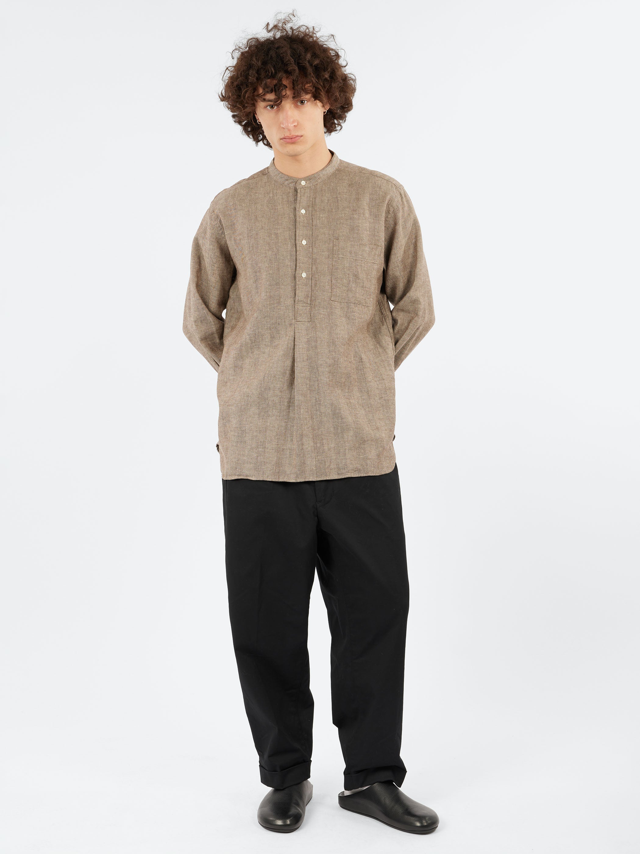 Linen Cotton Herringbone Band Collar Pullover Shirt