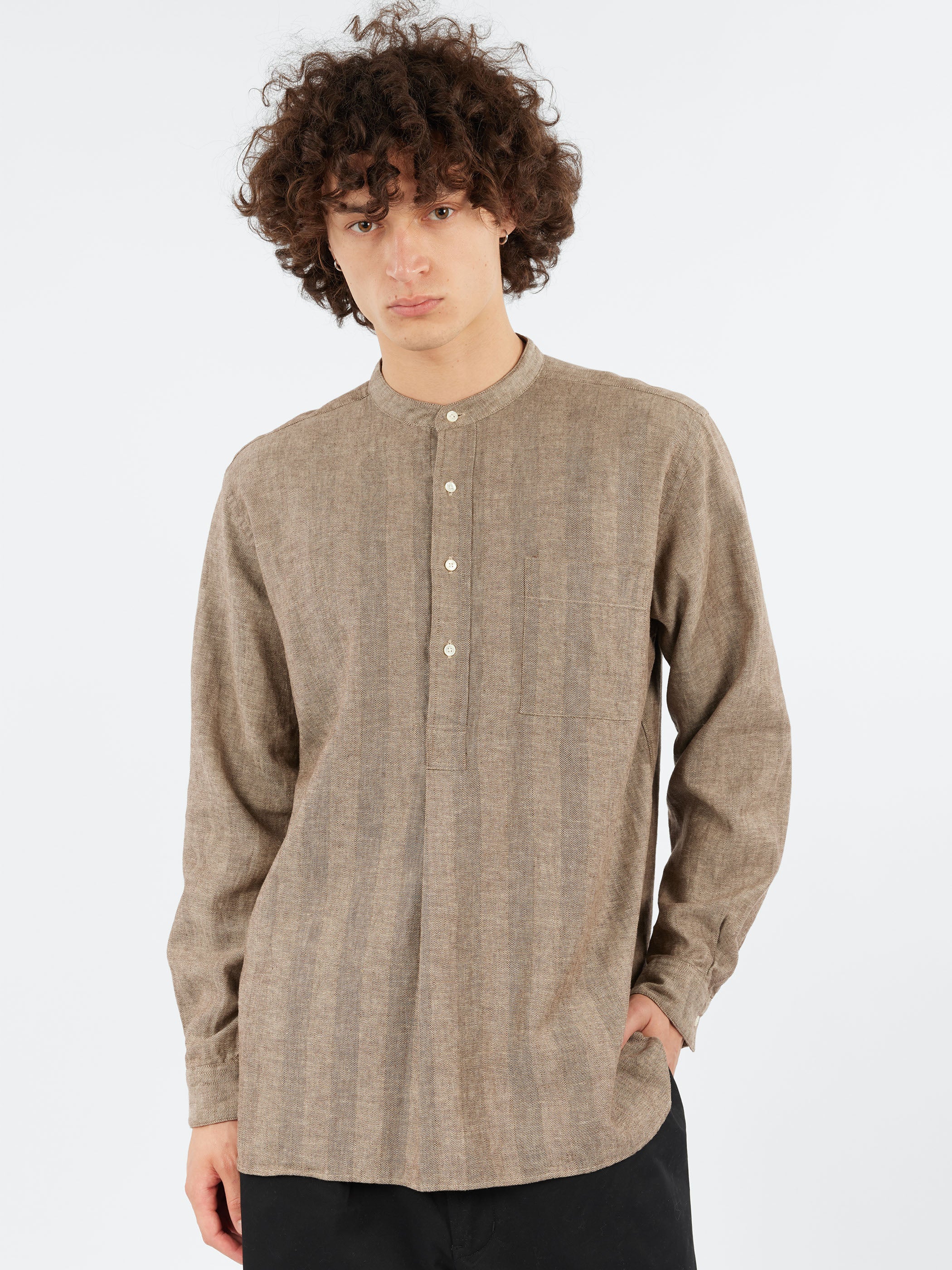 Linen Cotton Herringbone Band Collar Pullover Shirt