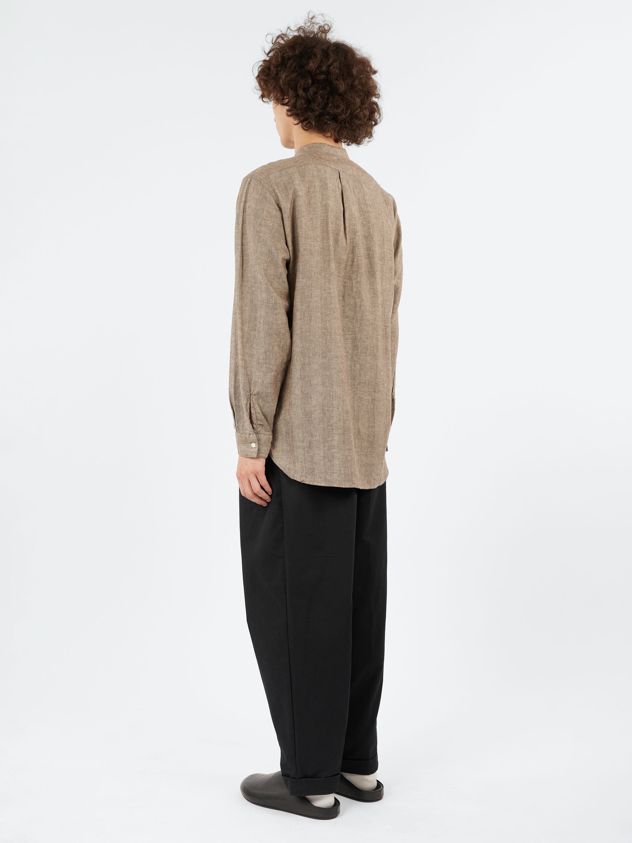 Linen Cotton Herringbone Band Collar Pullover Shirt