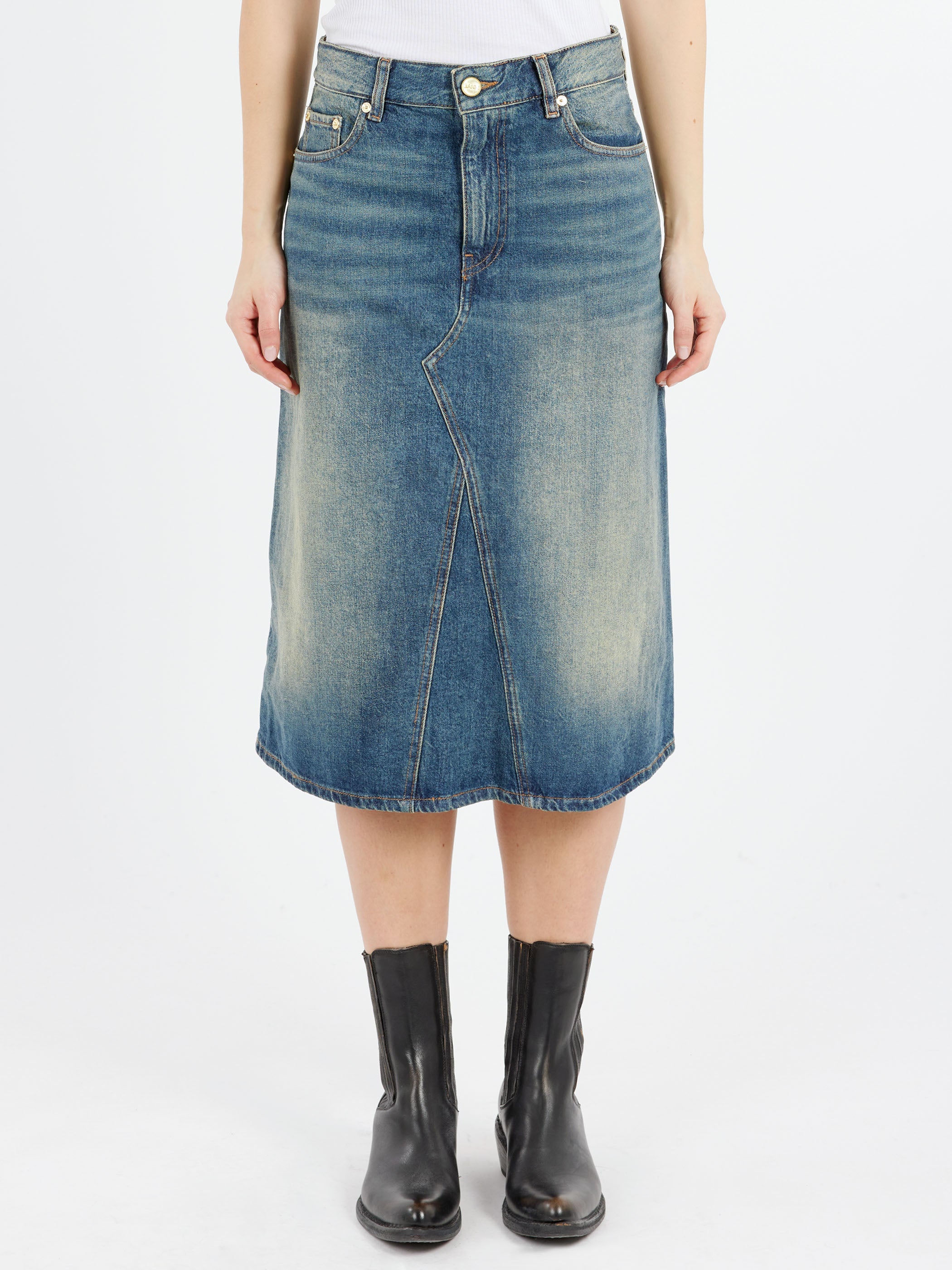 Heavy Washed Denim Midi Skirt