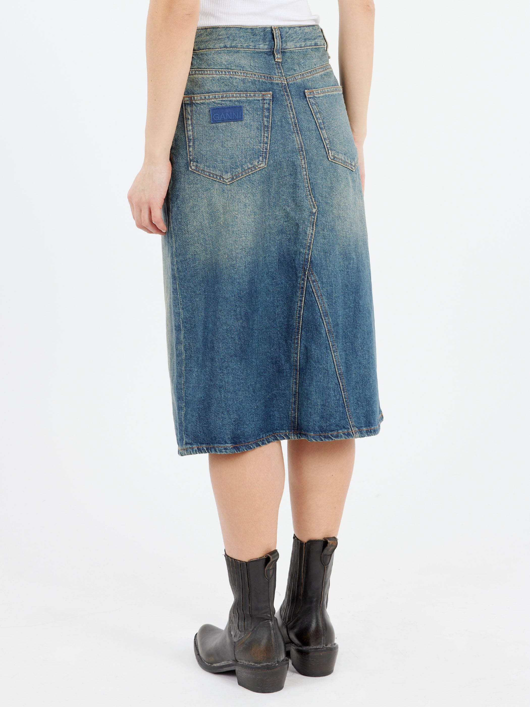 Heavy Washed Denim Midi Skirt