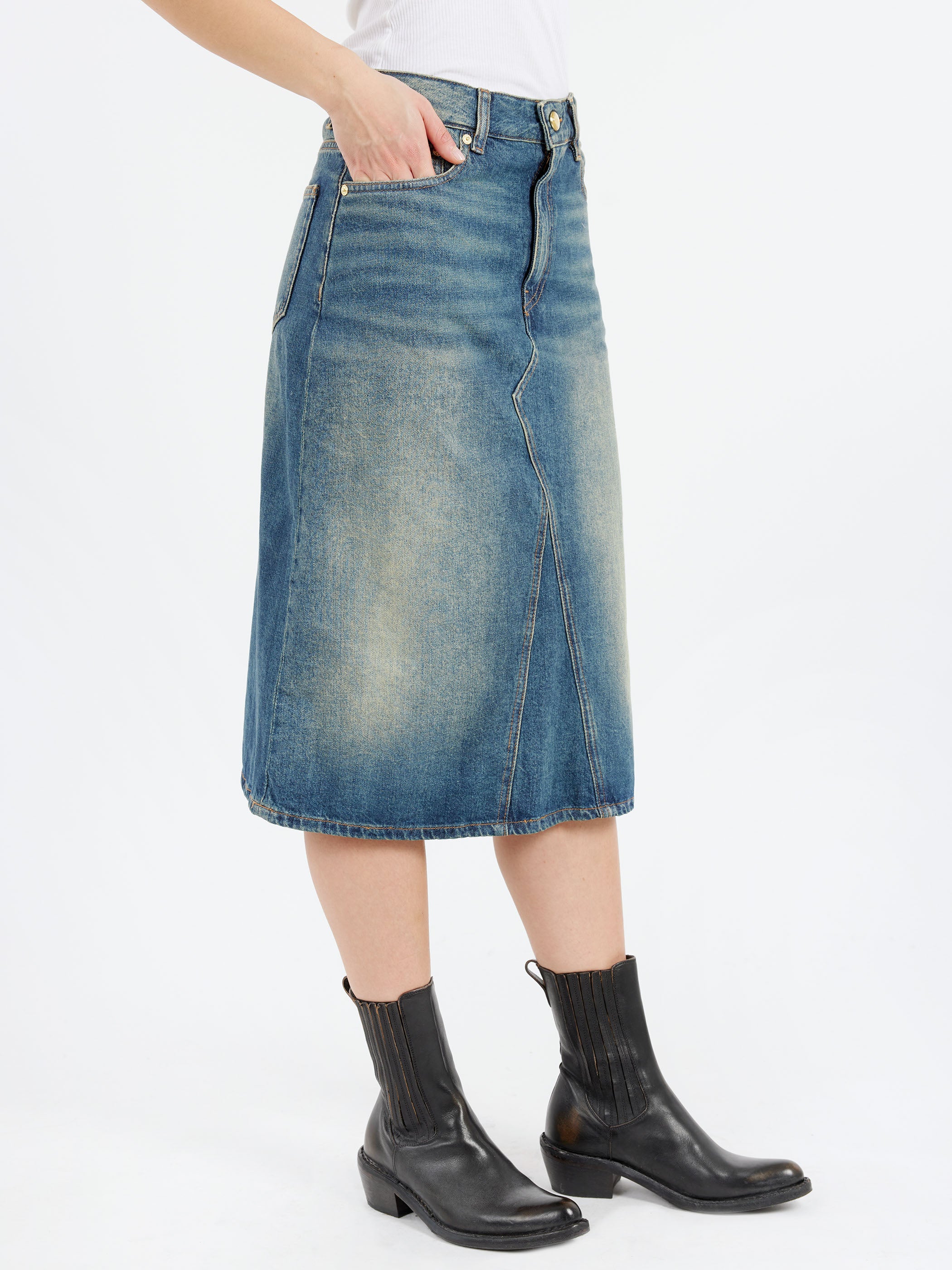 Heavy Washed Denim Midi Skirt