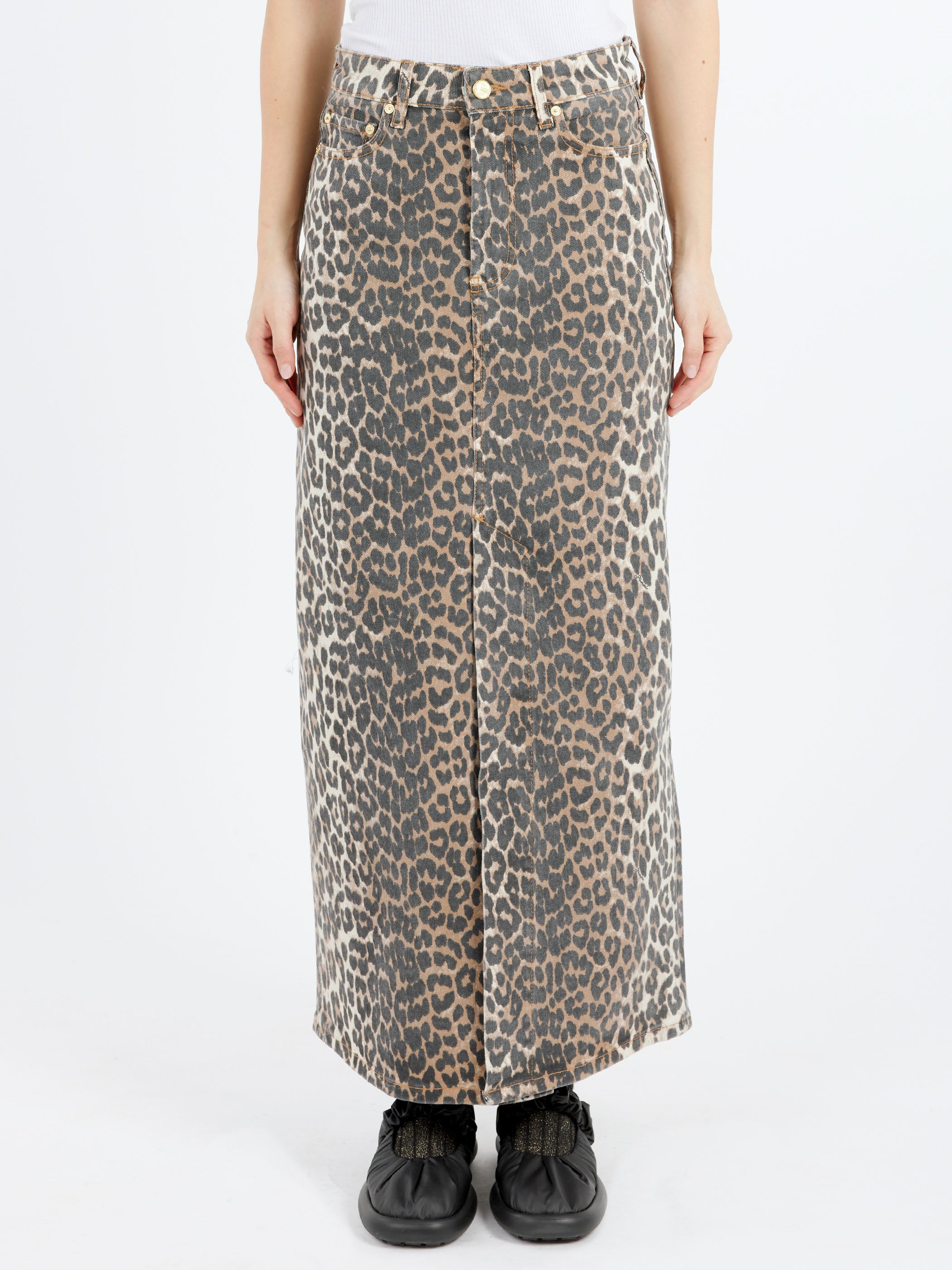 Leopard Print Denim Maxi Skirt