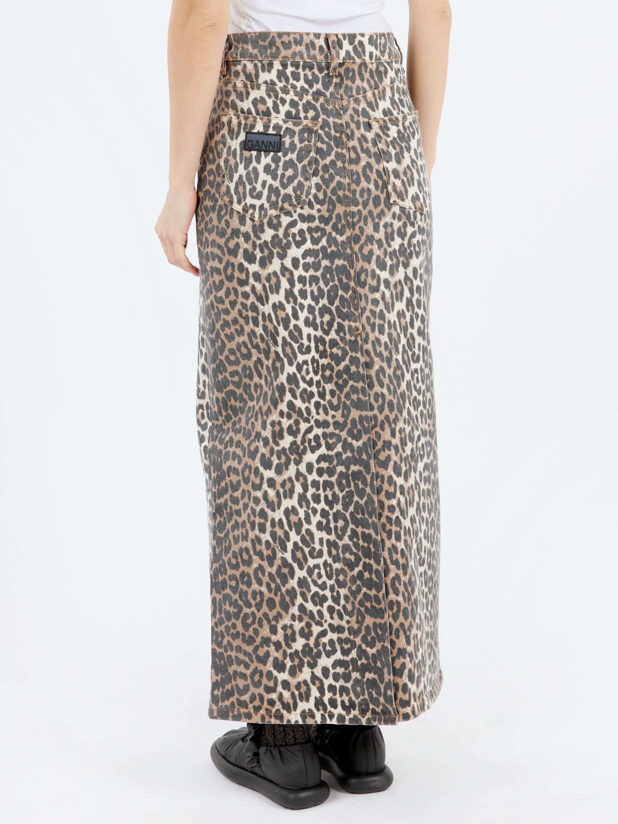 Leopard Print Denim Maxi Skirt