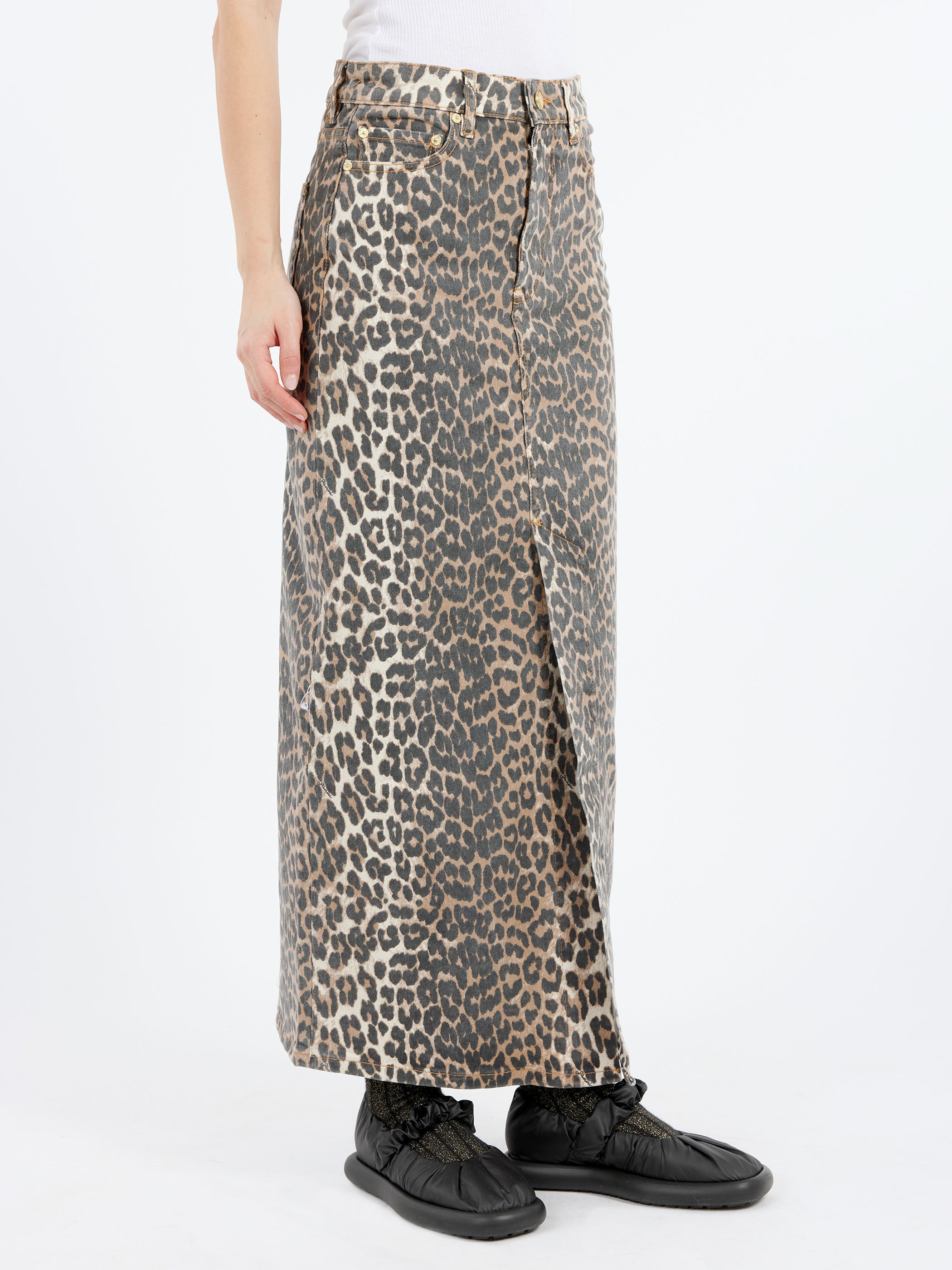 Leopard Print Denim Maxi Skirt