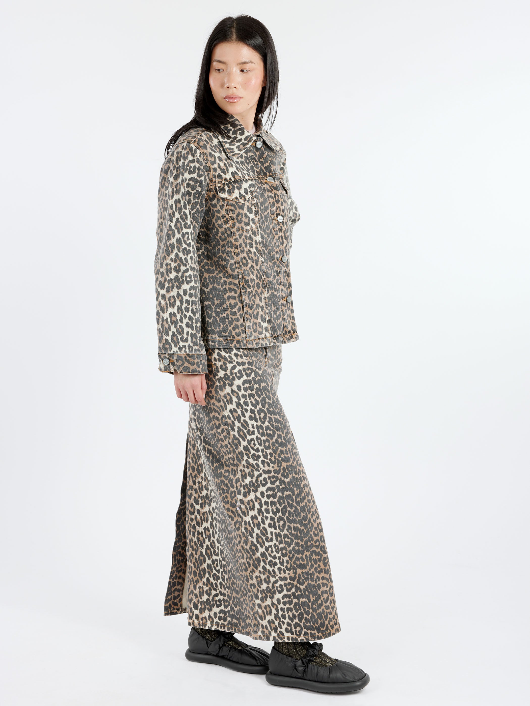 Leopard Print Denim Maxi Skirt