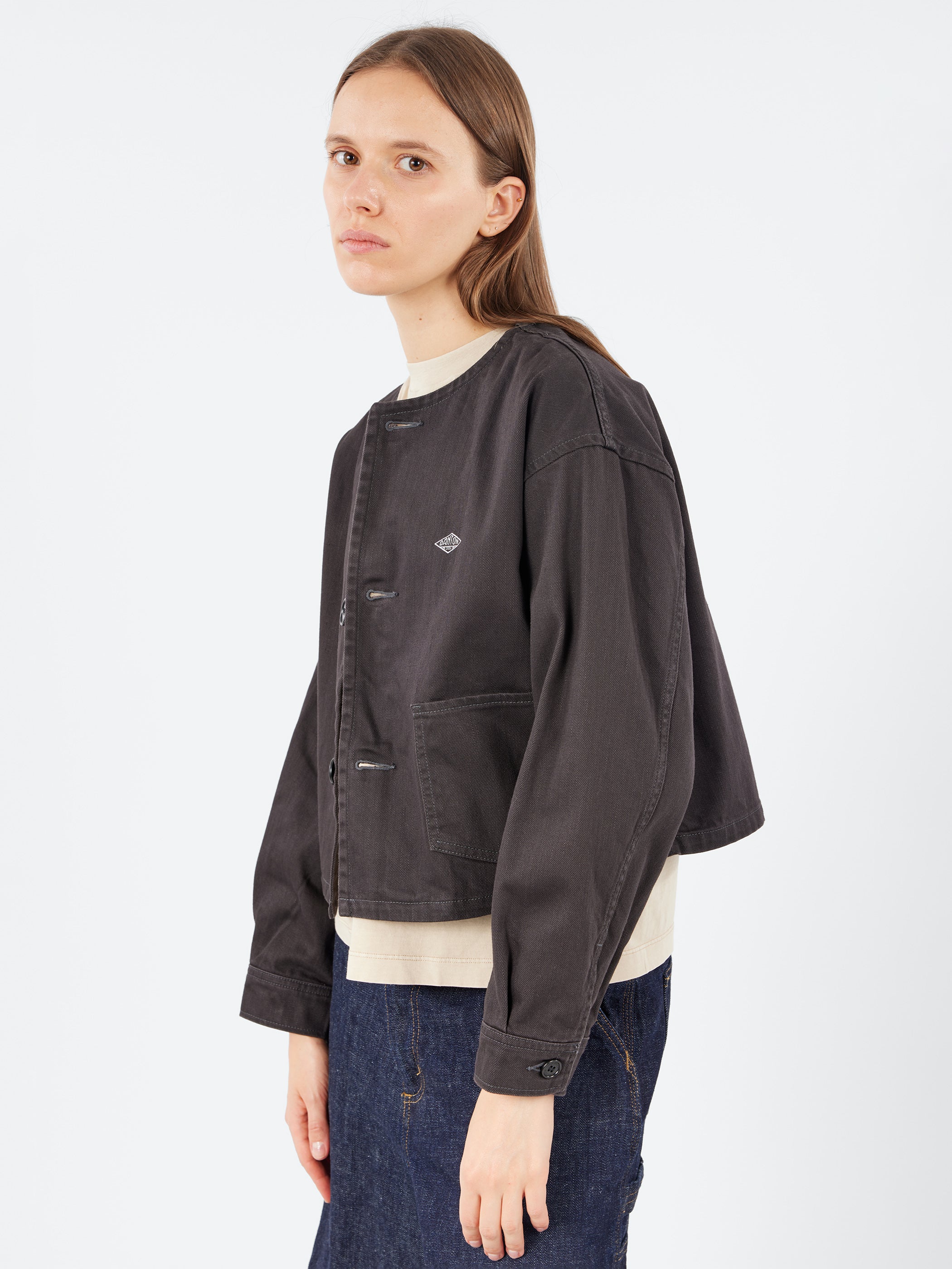 Cotton Drill Collarless Short Jacket