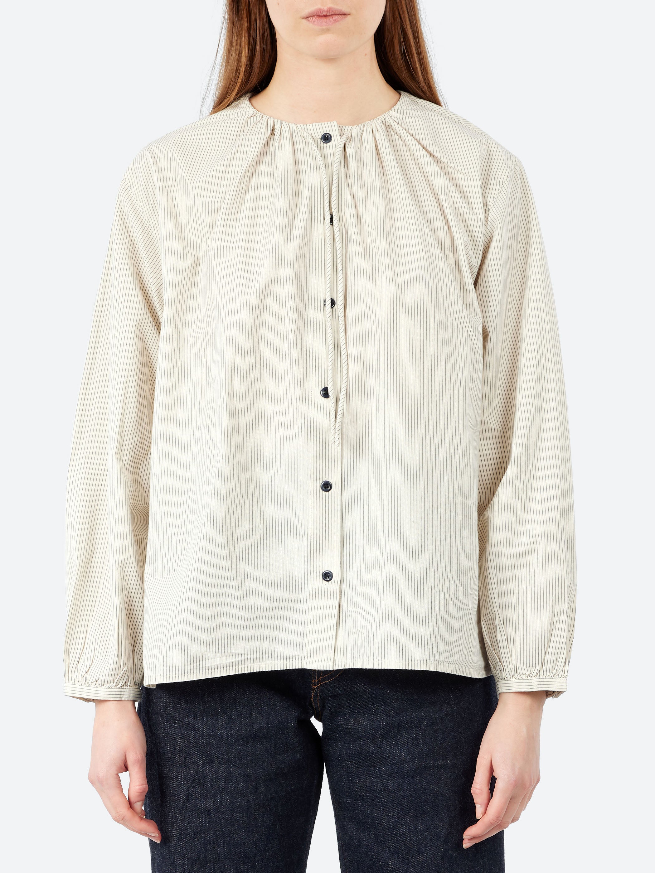 Gathered Neck Mini Stripe Shirt