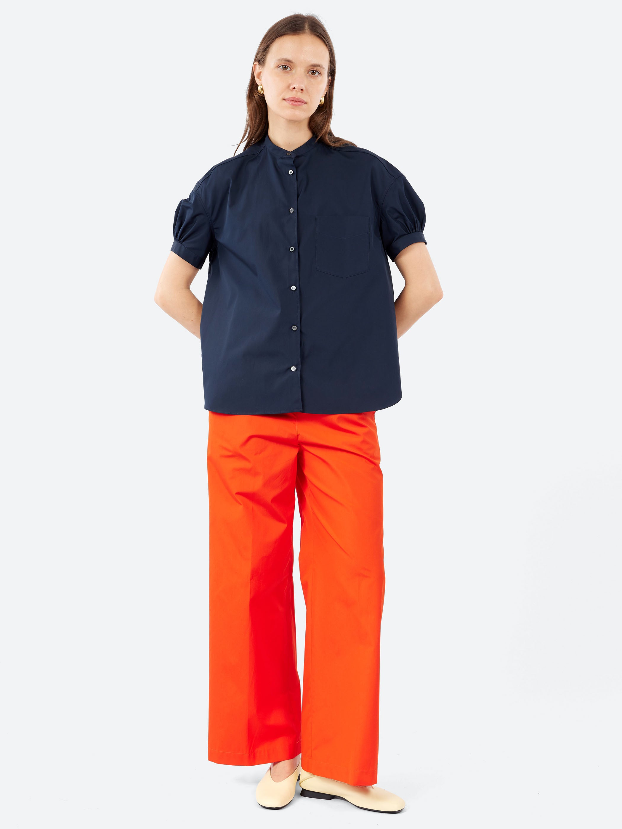 Pure Cotton Poplin Shirt with Mandarin Collar