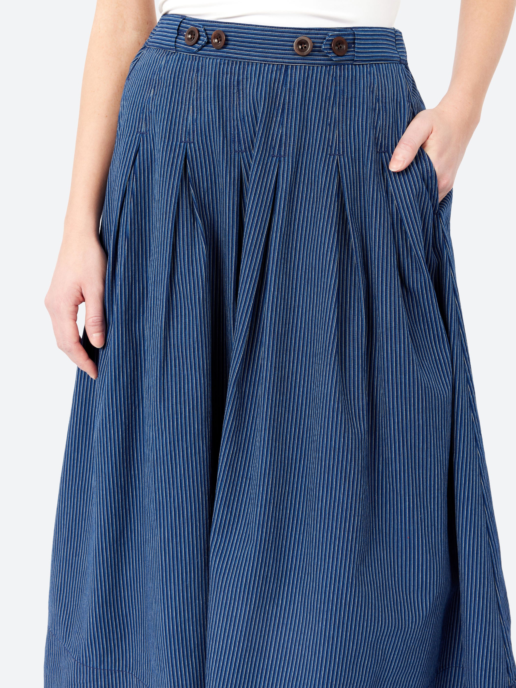 Railroad Stripe Pleated Cotton Skirt